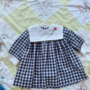 Vintage Navy Checkered Baby Dress with Floral Embroidery collar